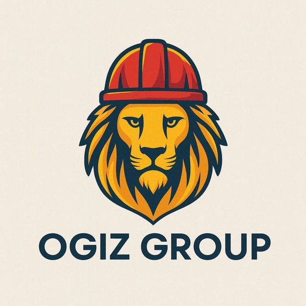 Logo of Ogiz Group featuring a lion with a red construction helmet.