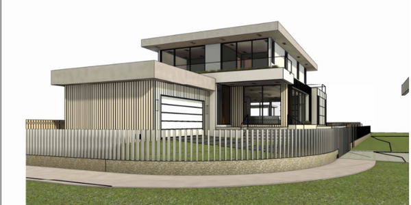 Modern two-story house with large windows and a fenced yard.