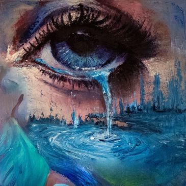 Painting of a blue eye shedding a tear into water.