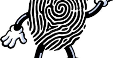 Cartoon fingerprint character with arms and legs.