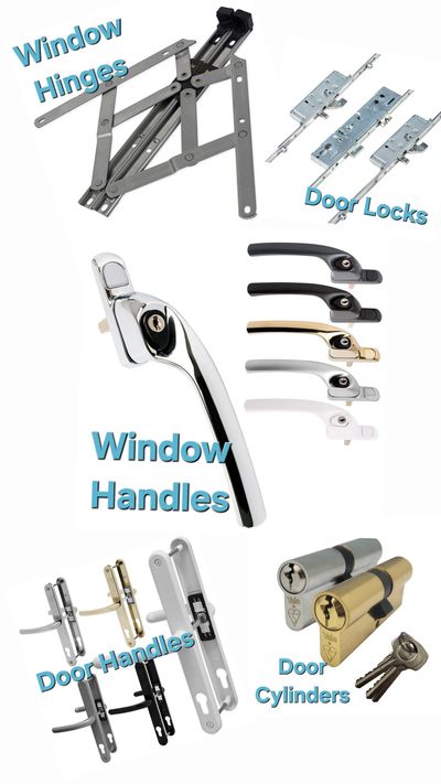 Various window and door hardware including hinges, locks, handles, and cylinders.