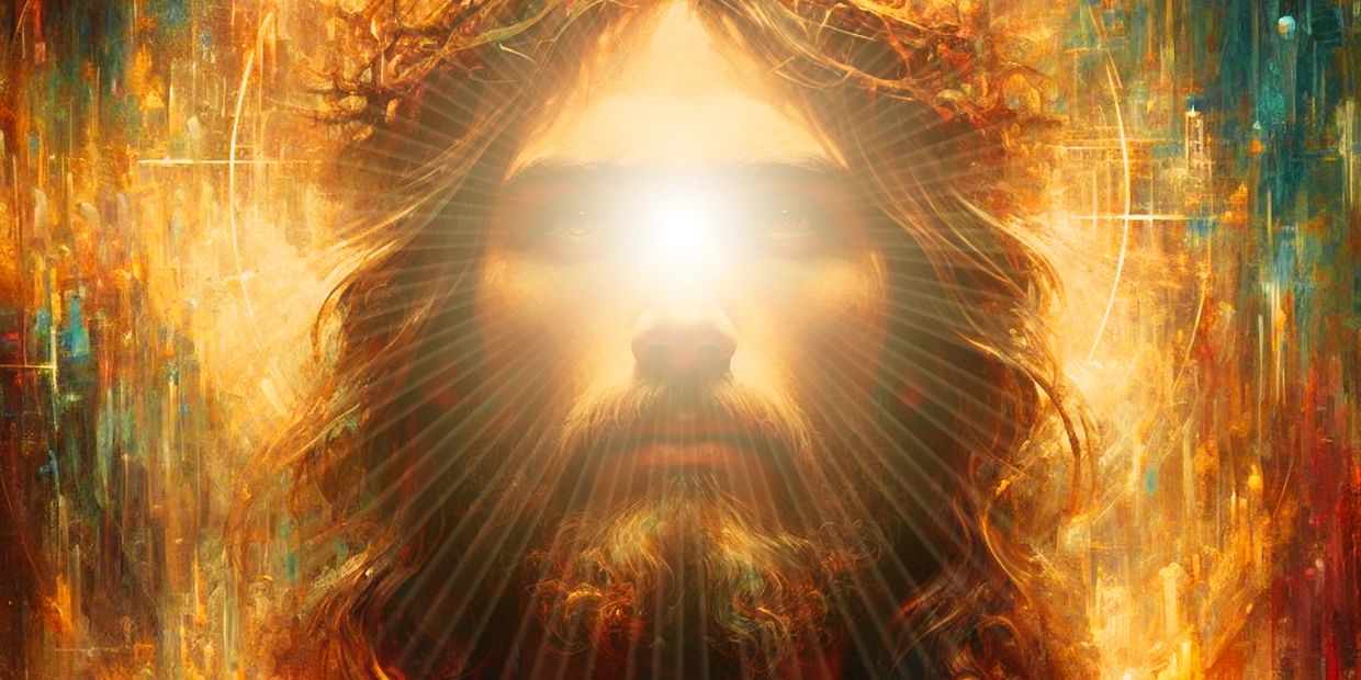 Radiant portrait of Jesus with a glowing light on his forehead and a crown of thorns.