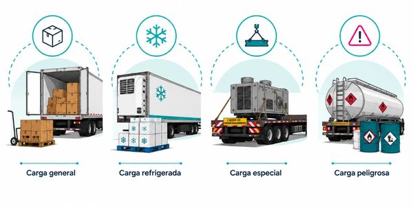 Illustration of four types of cargo: general, refrigerated, special, and hazardous.