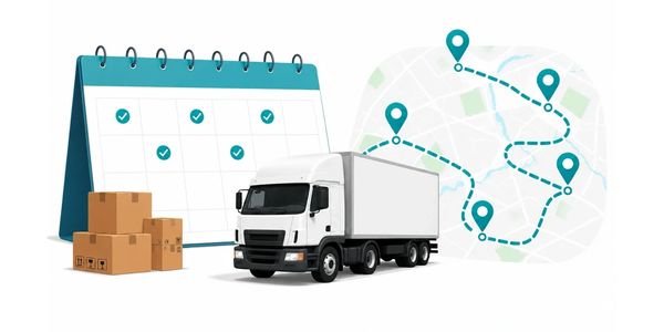 Logistics concept with delivery truck, calendar, boxes, and route map with location pins.