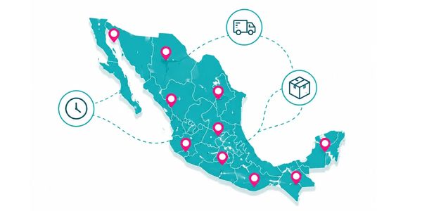 Map of Mexico with marked locations and logistics icons for delivery and timing.