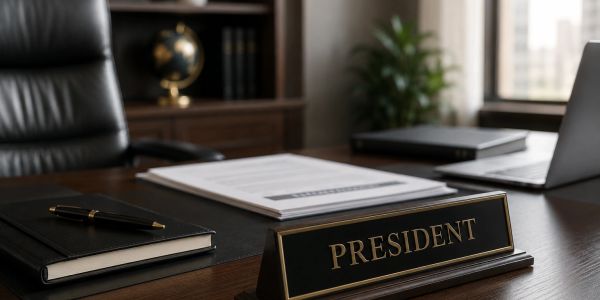 A tidy president's desk with a nameplate, notebook, and laptop.
