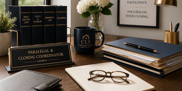 Organized paralegal desk with law books, documents, and glasses.