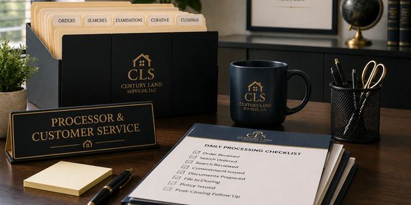 Organized office desk with CLS Century Land Services branding and daily processing checklist.