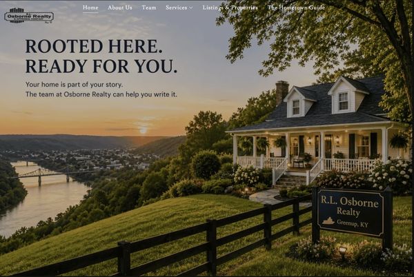 Scenic home on a hill with sunset and river view.