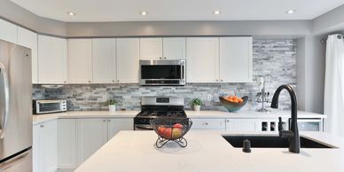a photo realistic 3D render of a kitchen layout and design