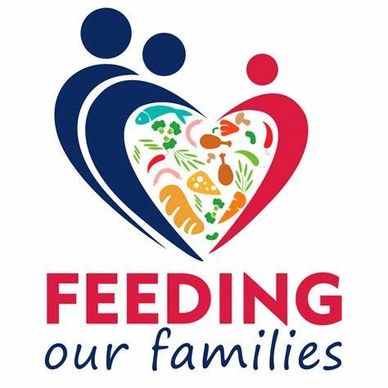 Logo of Feeding Our Families showing a heart with food and people figures.