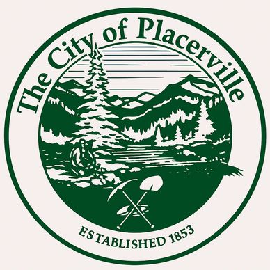 Seal of Placerville featuring mountains, trees, and mining tools.