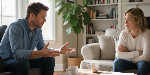 Couple having a serious conversation in living room.