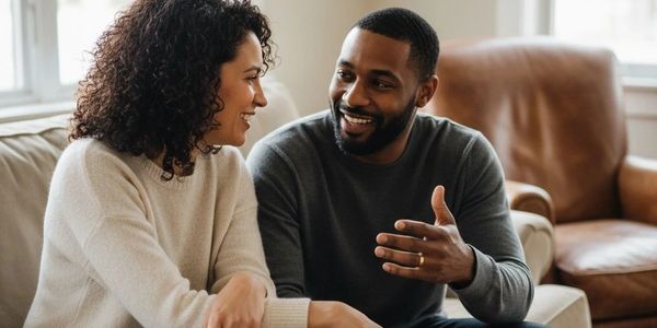 Couple having an engaging conversation on a couch.