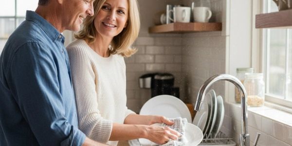 Couple washing dishes together in kitchen.