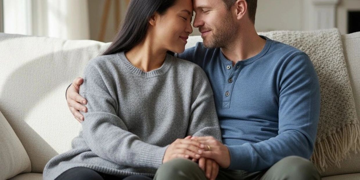 Couple sharing a tender moment on the couch.