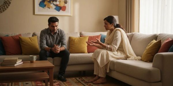 Couple having a serious conversation on the couch.