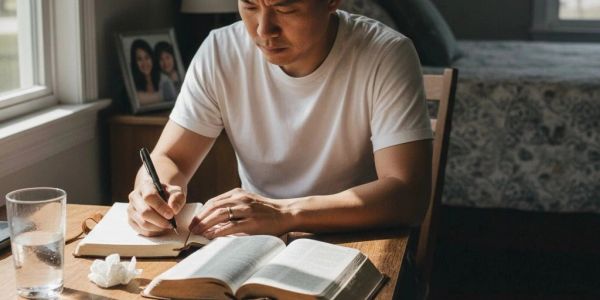 Man writing notes with an open book and glass of water nearby.