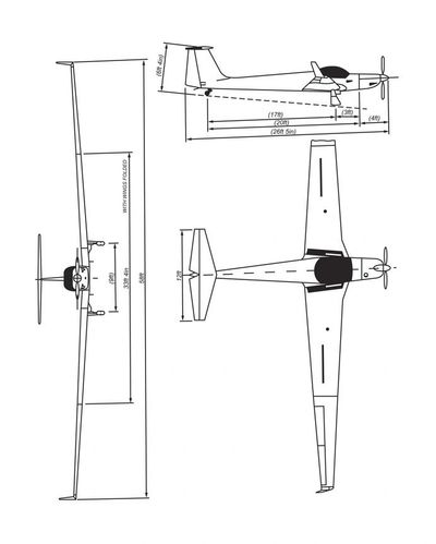 Technical drawing of a small single-propeller airplane with measurements.