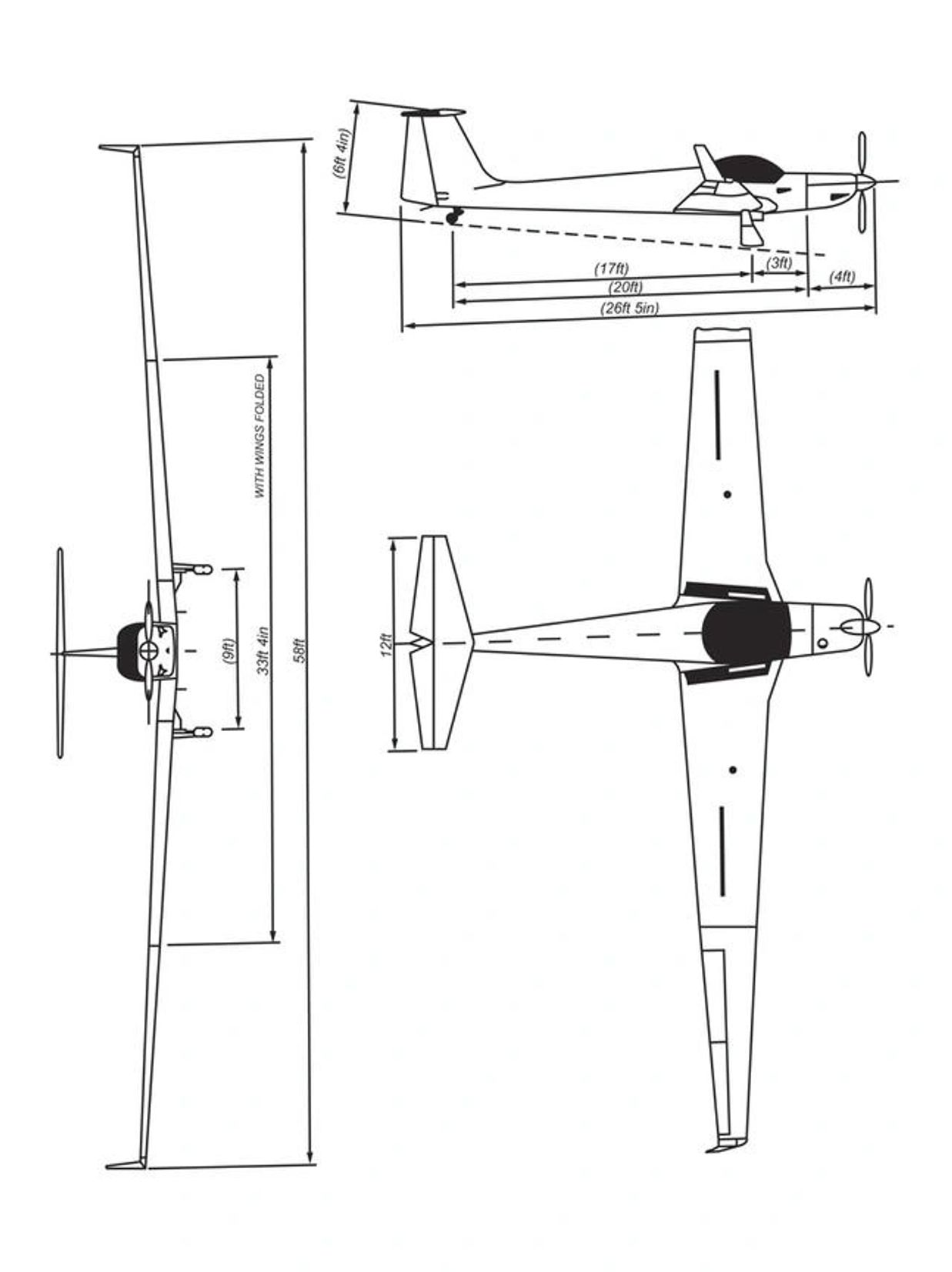 Technical drawing of a small single-propeller airplane with measurements.