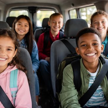 Five happy kids wearing seatbelts inside a vehicle.