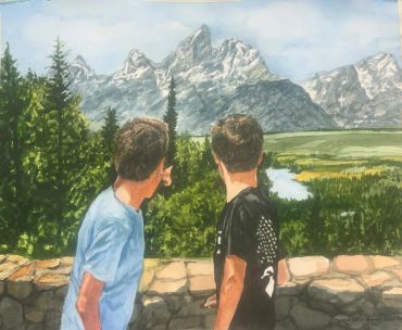 Two boys observing a scenic mountain view.