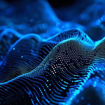 Abstract blue digital wave of glowing dots and lines.