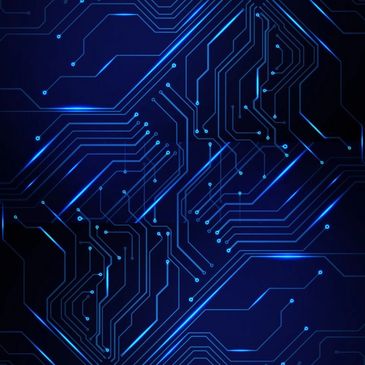 Close-up of a glowing blue circuit board pattern on a dark background.