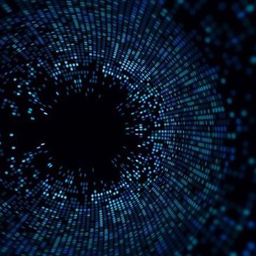 Digital data particles swirling around a dark central void.