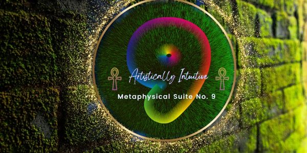 An emblem for "Metaphysical Suite No. 9" merges with a mossy wall,