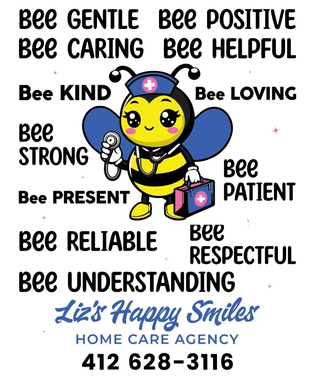 Cute nurse bee promotes kindness and positivity with home care contact info.