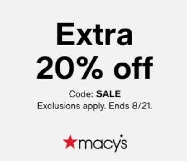 Macy's offers an extra 20% off with code SALE, ending 8/21.