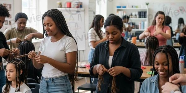 Group of young people braiding hair in a classroom setting.