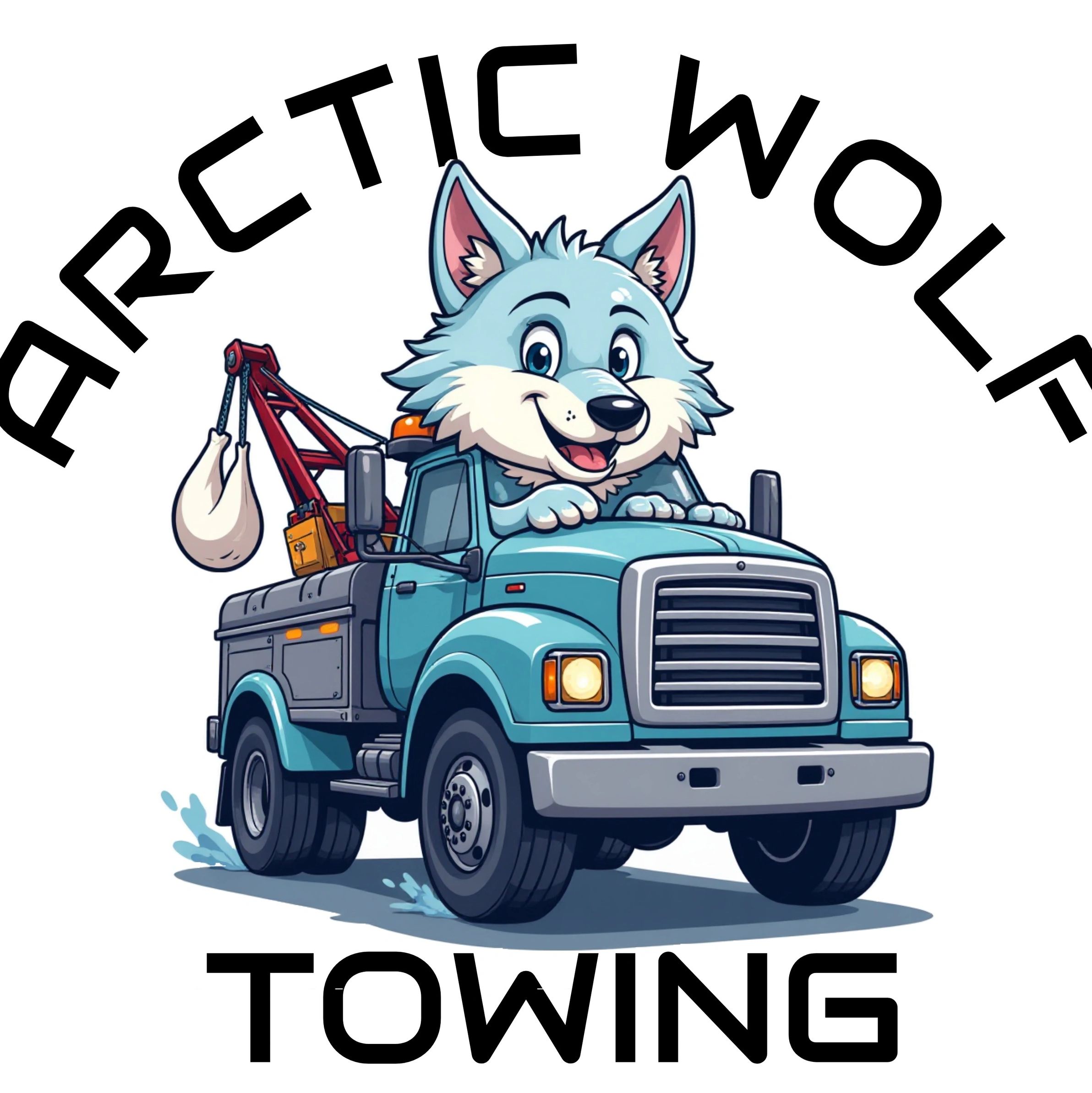 Cartoon wolf driving a tow truck with "Arctic Wolf Towing" text.