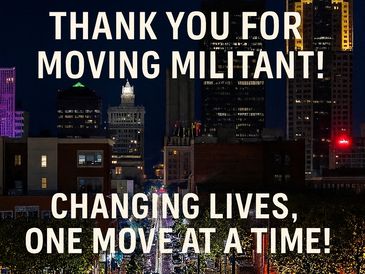 City At Night With Militant Movers IA Branding “Thank You For Moving Militant” Message, Highlighting A Trusted And Affordable Moving Services With Reliable Movers.
