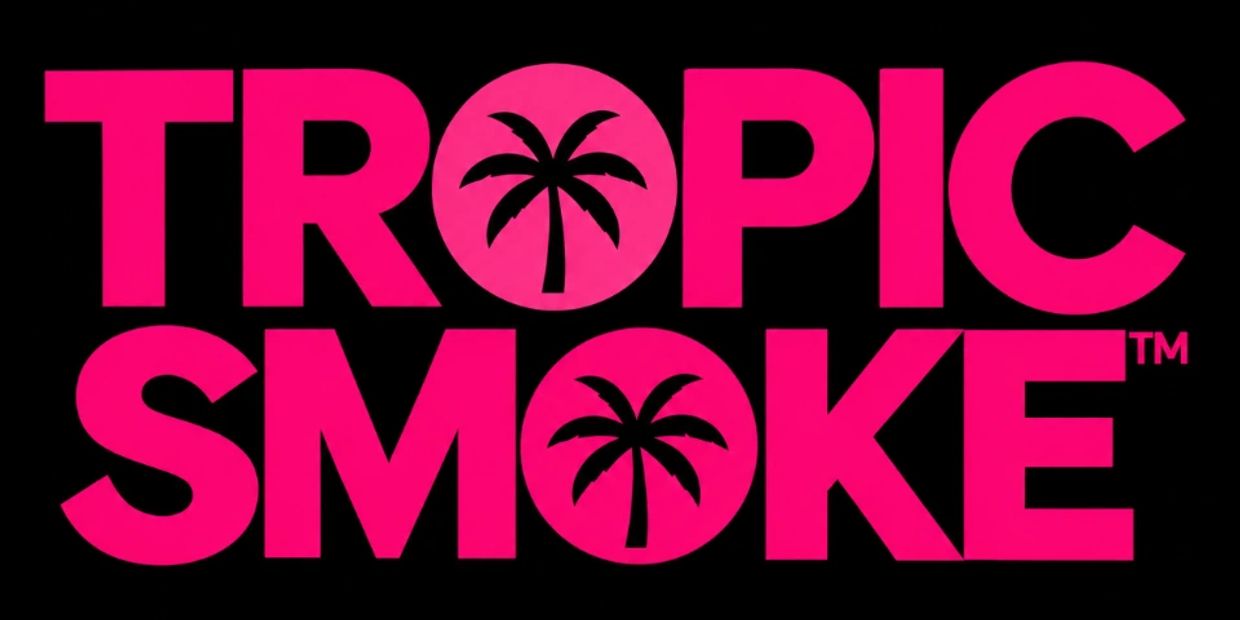 Pink text "Tropic Smoke" with palm trees inside O's on black background.
