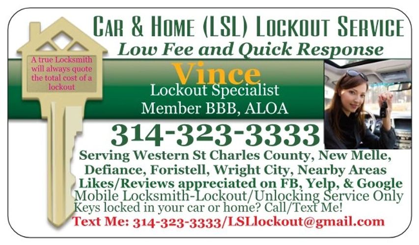 Unlocking cars and homes Wentzville, O'Fallon and Lake St Louis. Quick response and low fee.