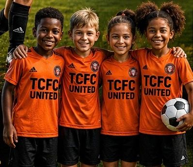 Four kids in orange soccer jerseys smiling and posing together.