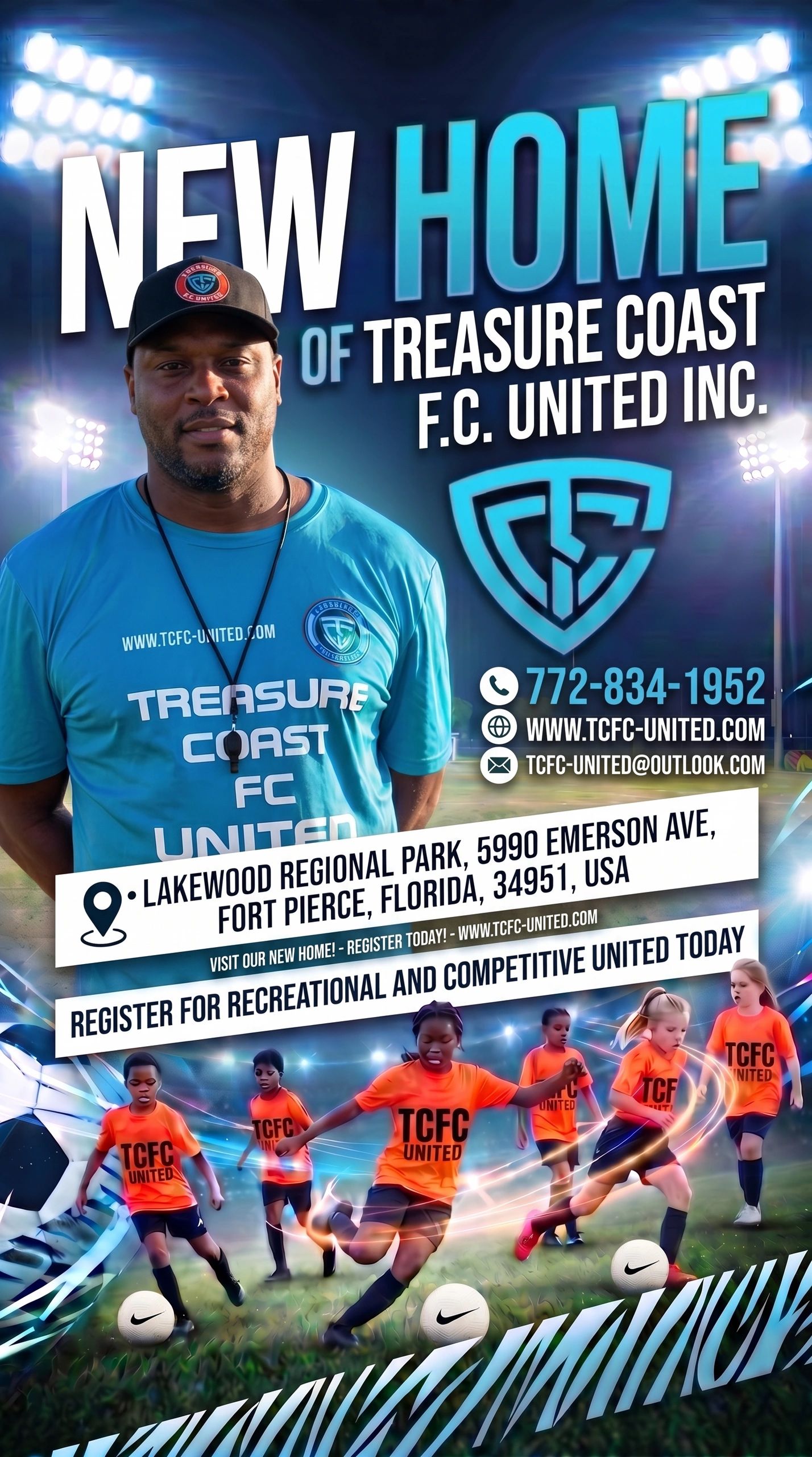 Promotional poster for Treasure Coast F.C. United soccer club with registration info.