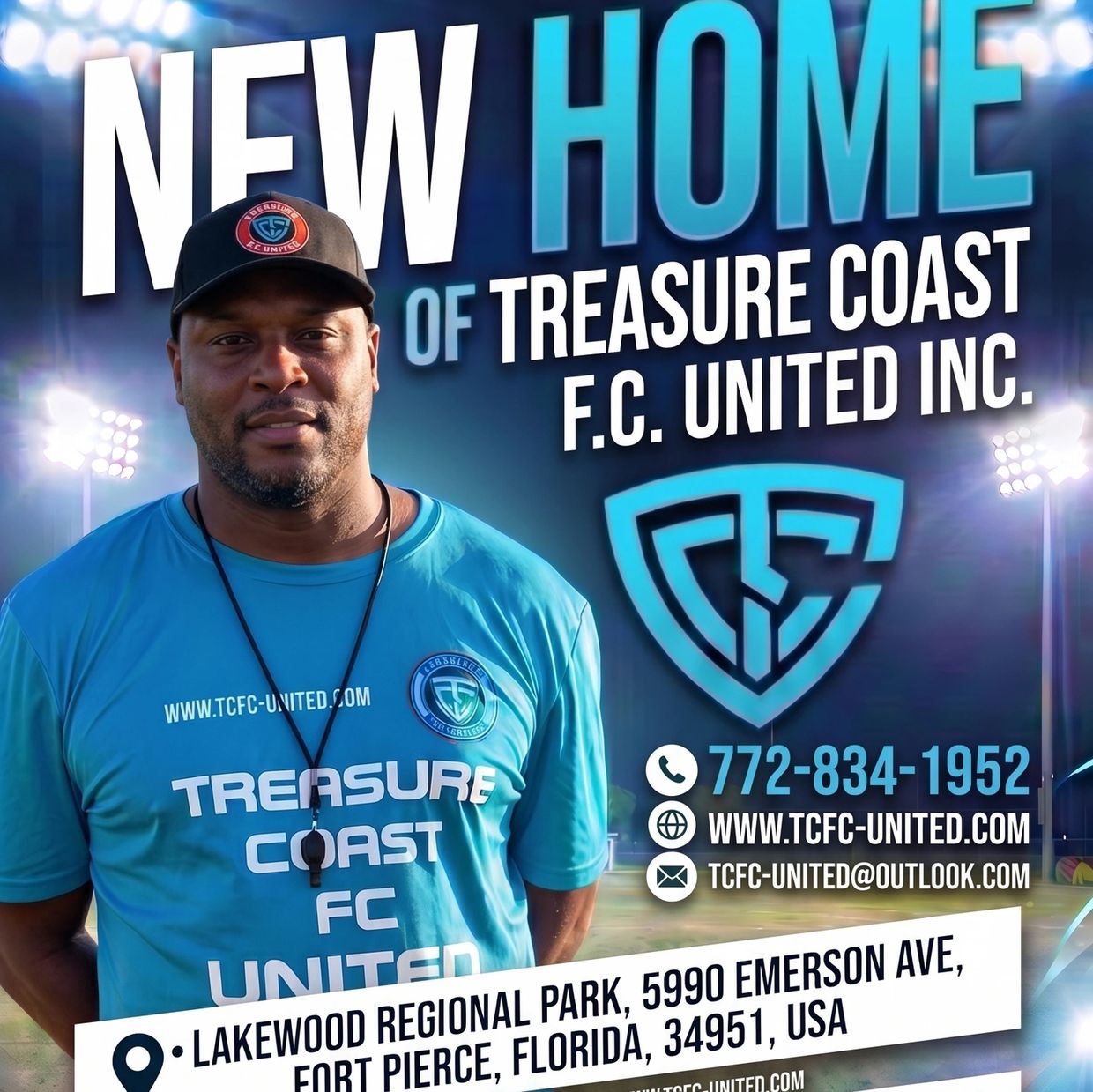 Man in blue shirt promoting Treasure Coast FC United's new home and contact info.
