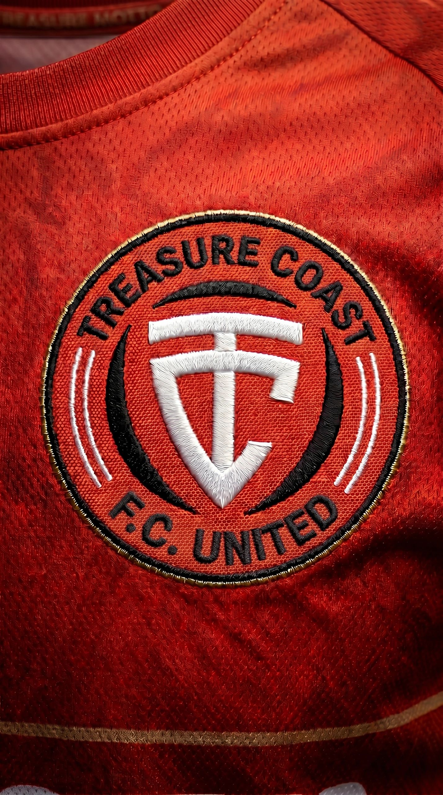 Close-up of Treasure Coast F.C. United embroidered emblem on a red sports jersey.