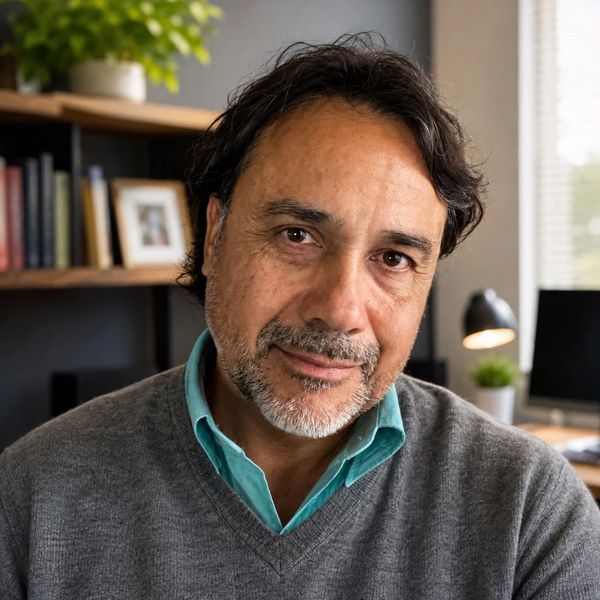Hombre sonriente con suéter gris en oficina moderna.