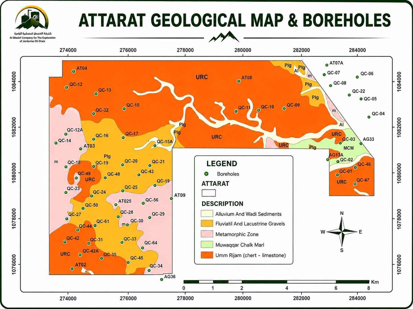 Geological map of Attarat with boreholes and rock types.