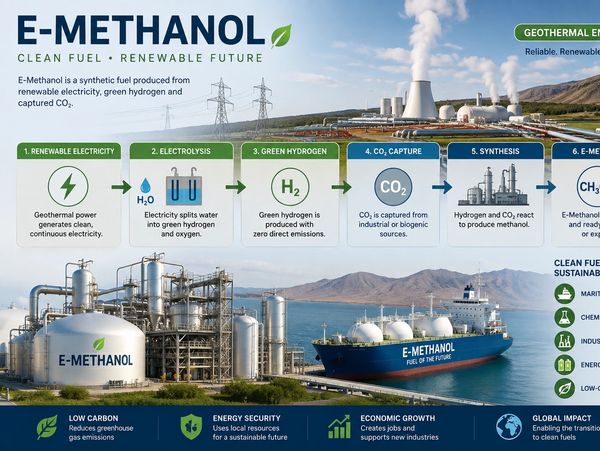 Diagram showing E-Methanol production process from renewable energy sources.
