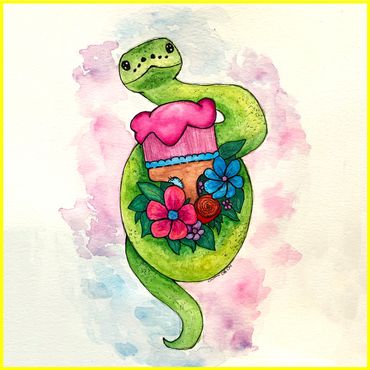 Happy snake coiled around a paint brush and flowers