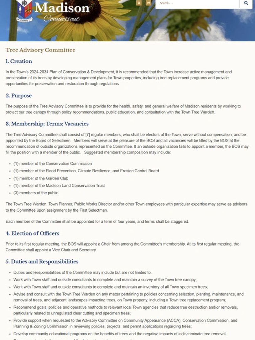 Webpage detailing Madison Connecticut's Tree Advisory Committee roles and purpose.