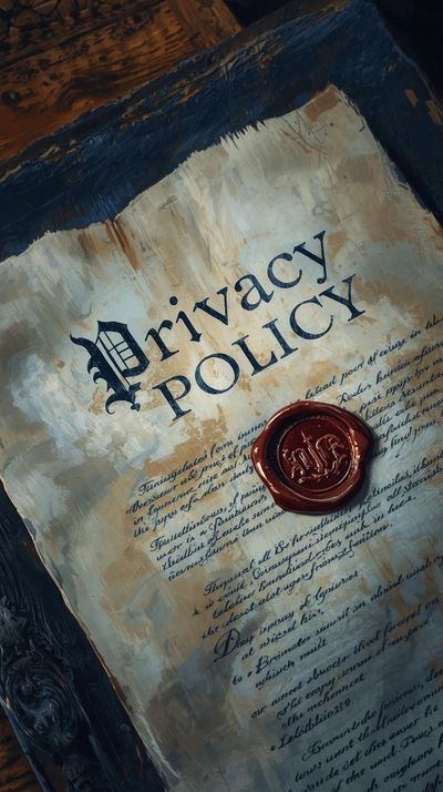 Old parchment labeled 'Privacy Policy' with a red wax seal.