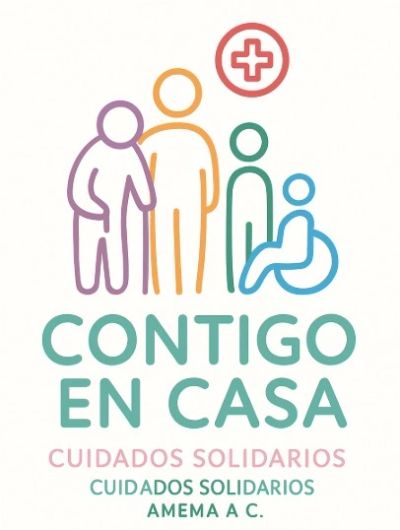 Logo with diverse care symbols and 'Contigo en Casa' text promoting solidarity care.