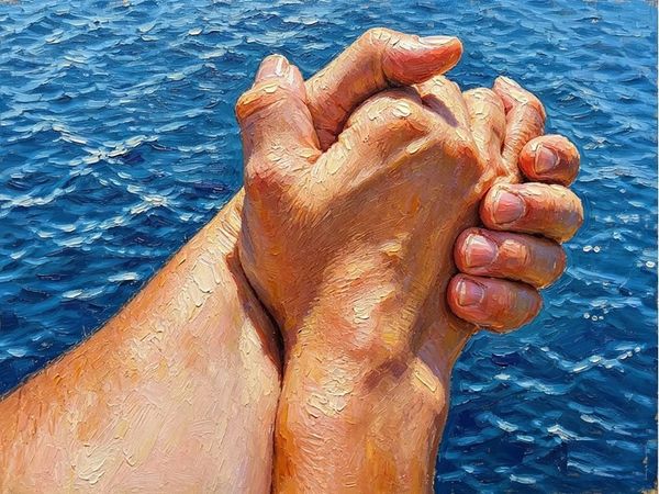 Two hands clasped tightly with a textured ocean background.