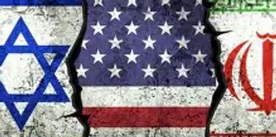 Cracked wall with Israel, USA, and Iran flags symbolizing tension.
